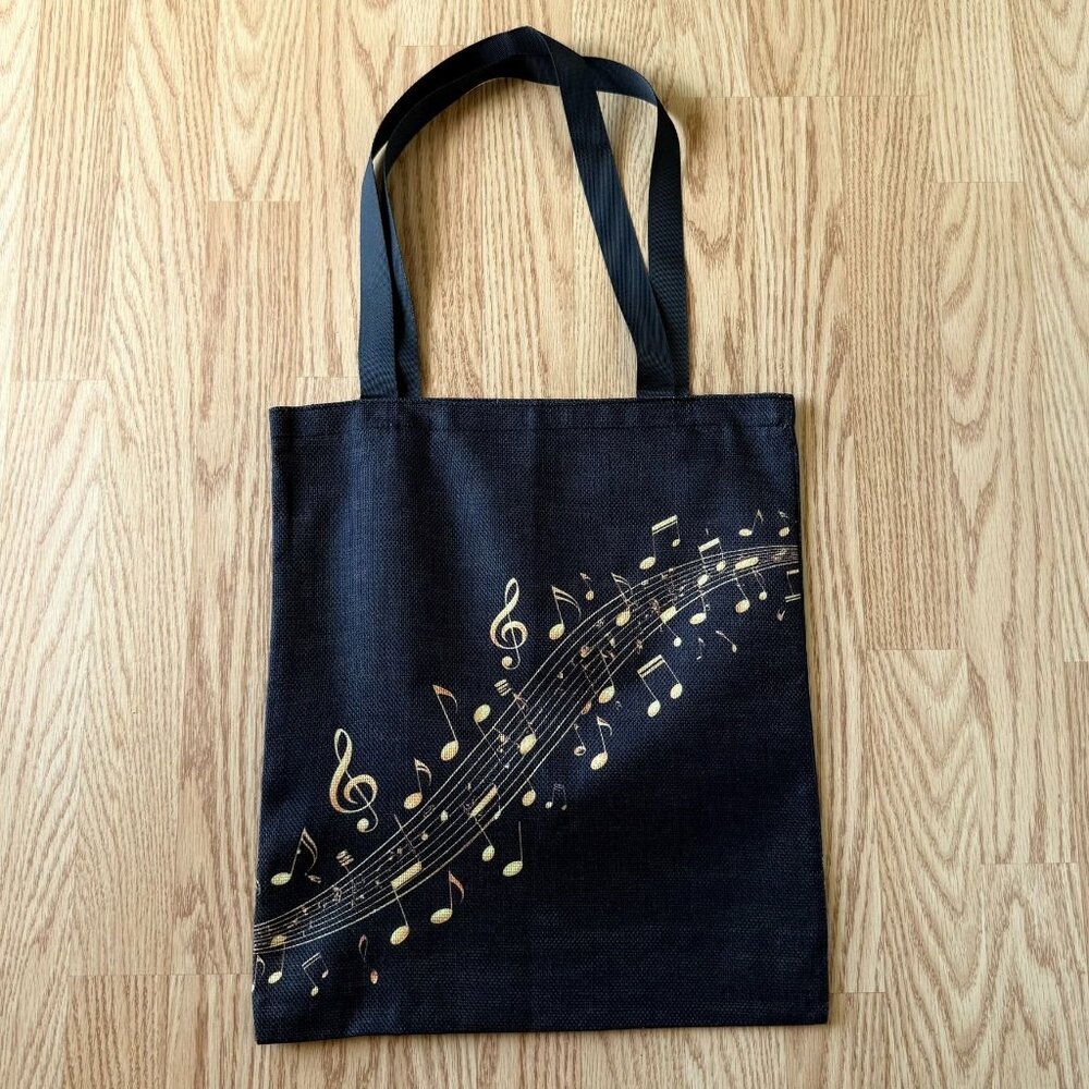 Black Music Notes Tote Bag Reusable Carryall 16 x 14 Inches Durable Polyester